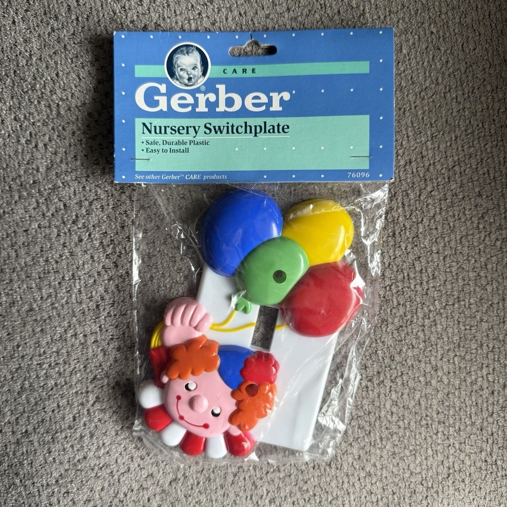 Vtg‎ Happy Clown Balloons Nursery Switchplate Cover Gerber New NIP 1991 Plastic